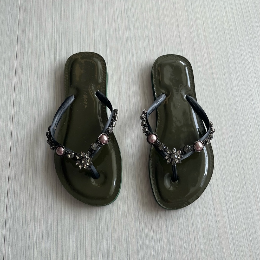 Elegant Dark Green Embellished Sandals